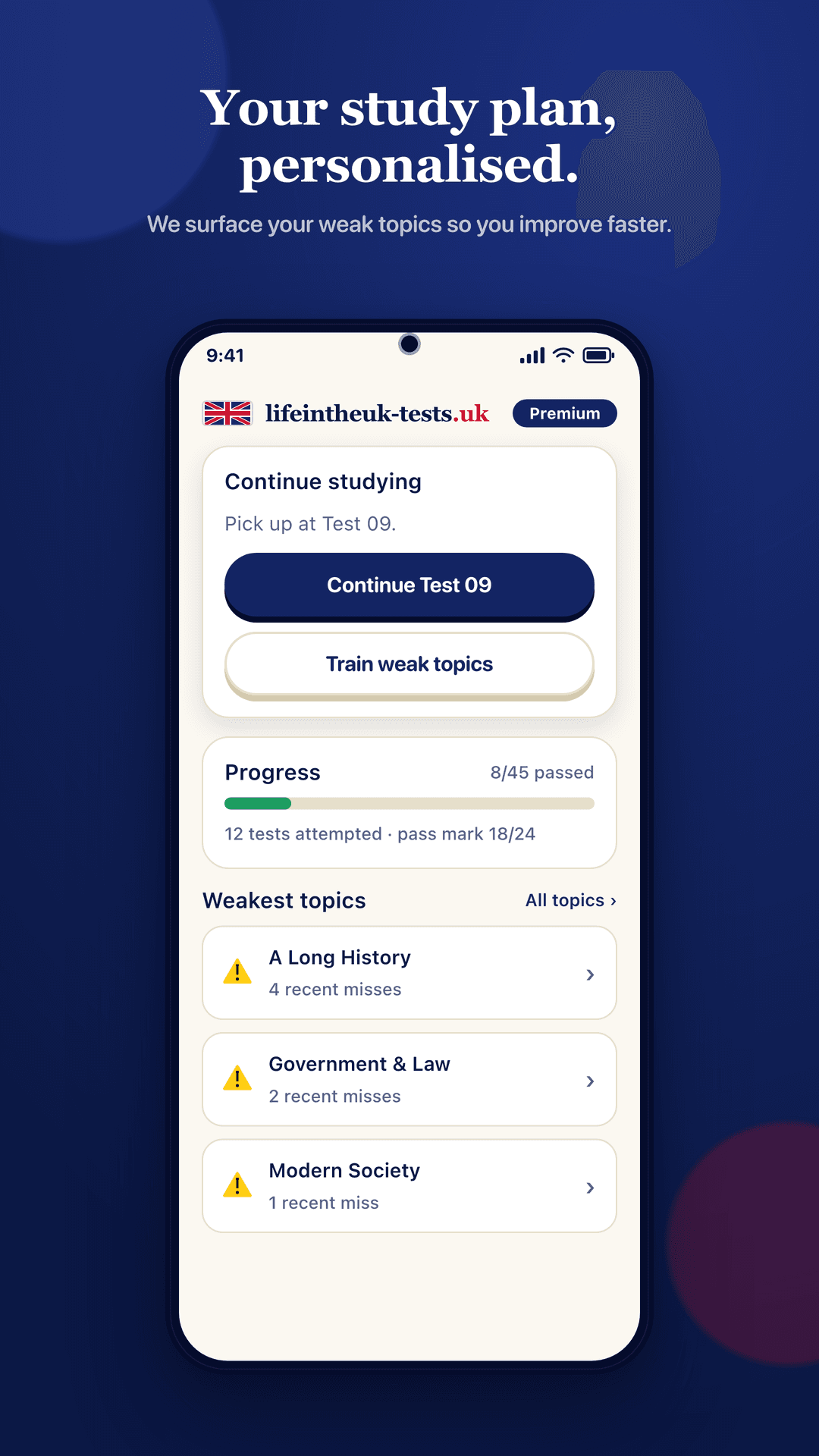 App home screen with a Continue Test 09 button, progress of 8 of 45 tests passed, and a weakest-topics list.
