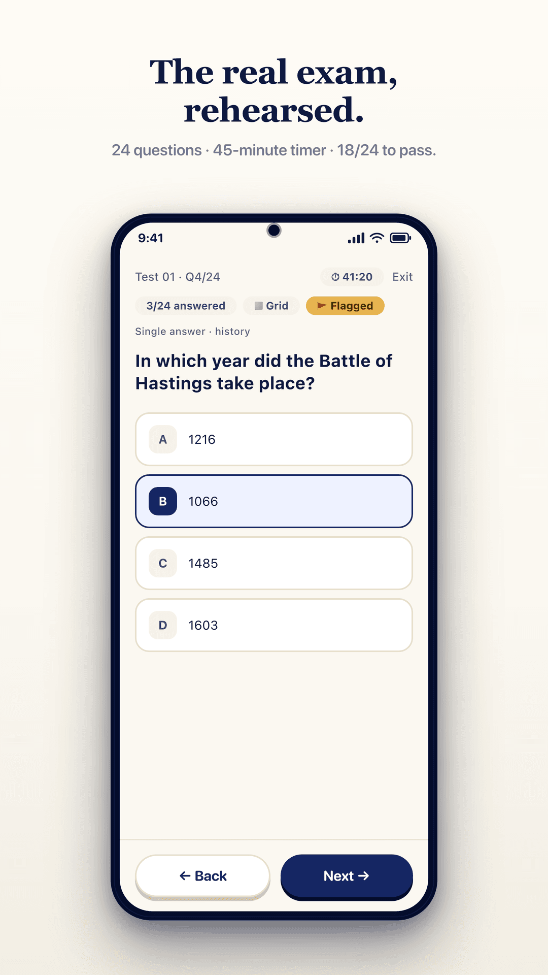 Test player showing question 4 of 24 on the Battle of Hastings with four answers, a 41:20 countdown and a flag control.