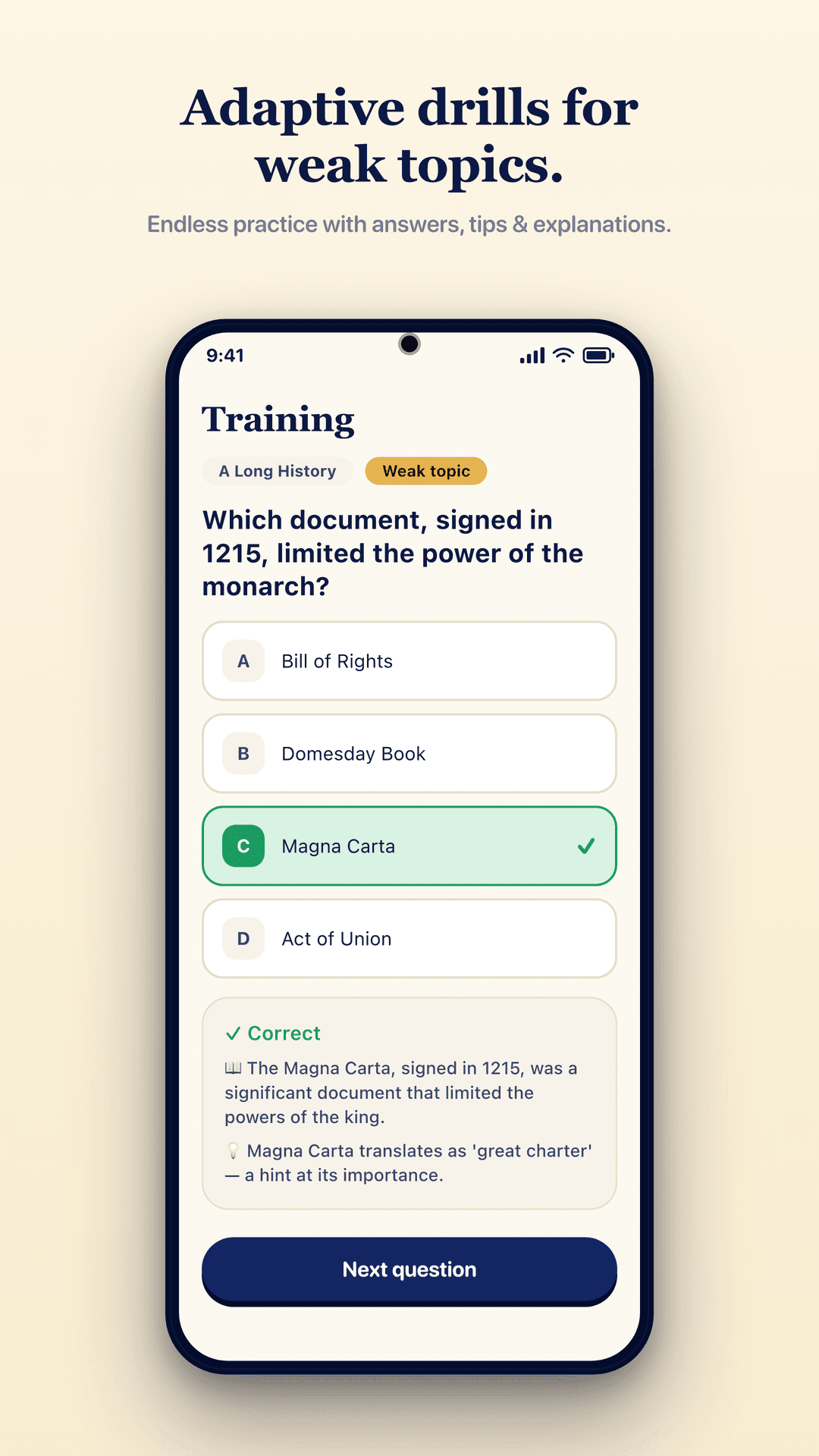 Training mode marking a Magna Carta question correct, with an explanation of the 1215 charter and a memory tip.