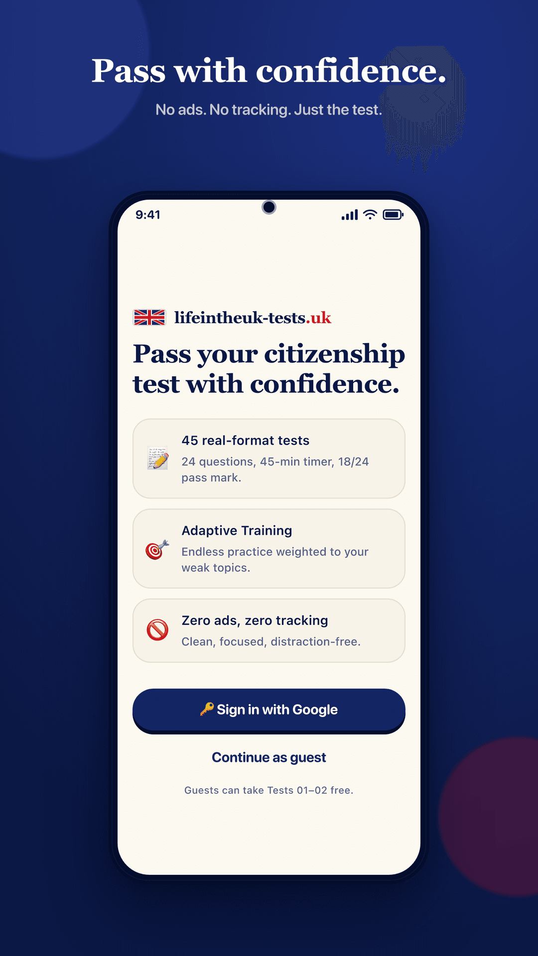 App welcome screen listing 45 real-format tests, Adaptive Training and zero ads, with Sign in with Google and Continue as guest buttons.